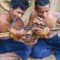 Catch two water duck in river by hand and cook in forest